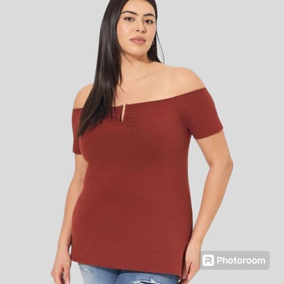 4X 26W Torrid Brown Foxy U Bar Off Shoulder Short Sleeve Top Stretch Plussize fi - Picture 1 of 7